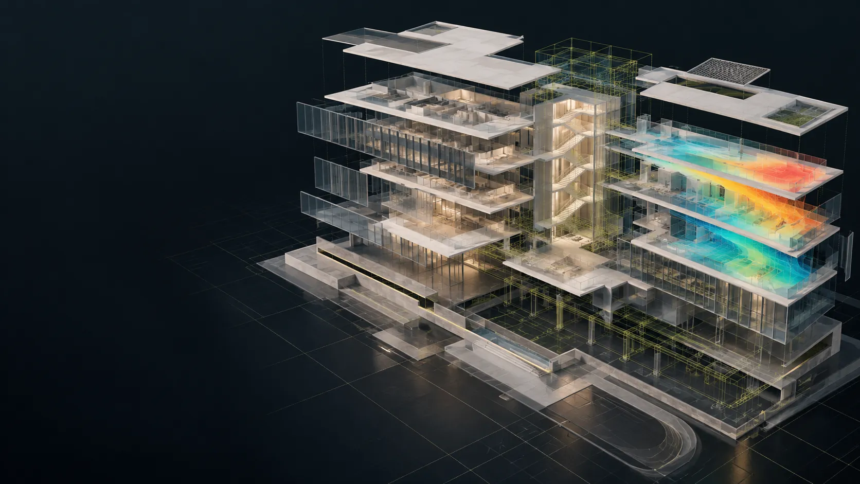 Concept artwork of an exploded building model with translucent spaces and coloured analytical layers